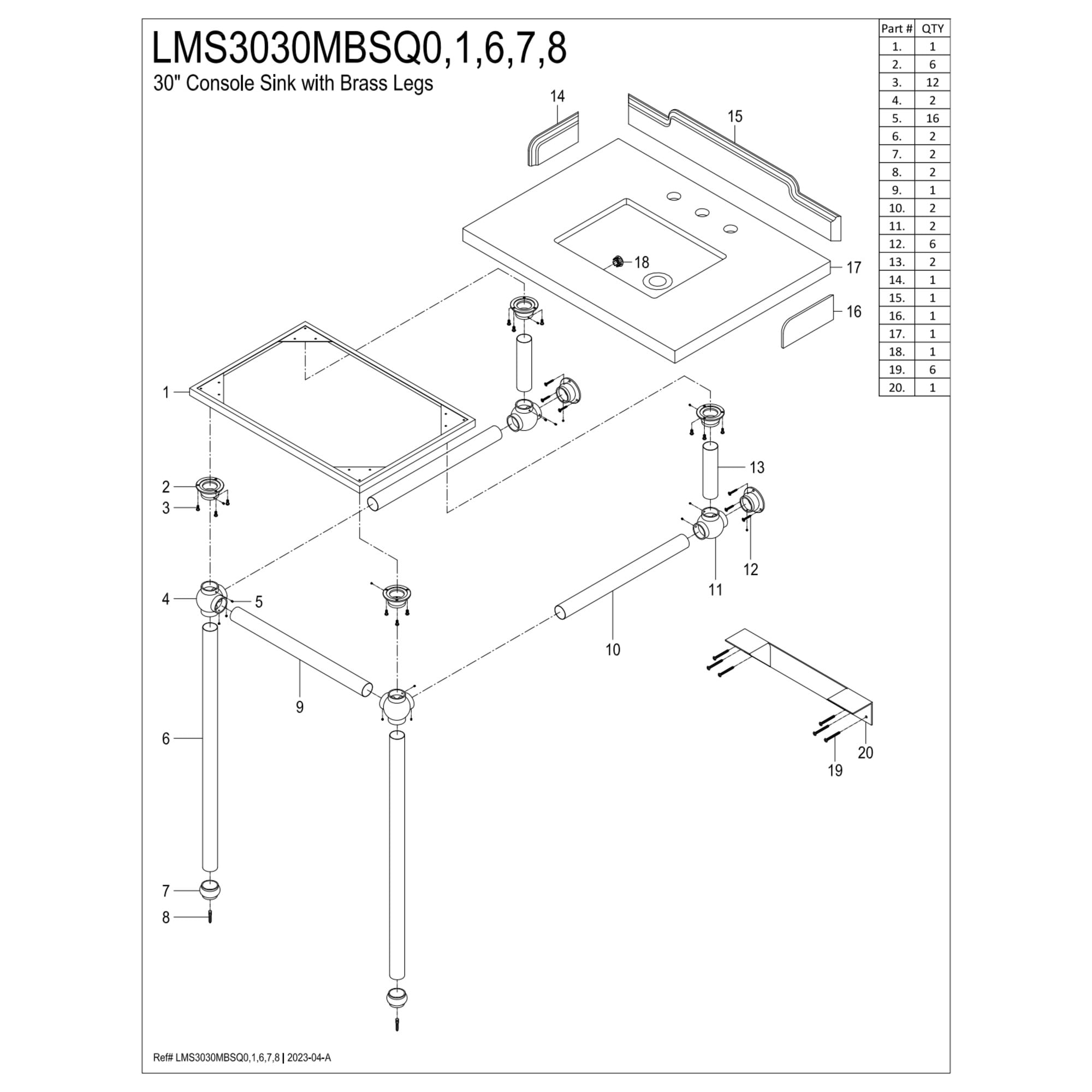 Kingston Brass LMS3030MBSQ6 Pemberton 30" Carrara Marble Console Sink with Brass Legs (8-Inch, 3-Hole), Carrara Marble White/Polished Nickel