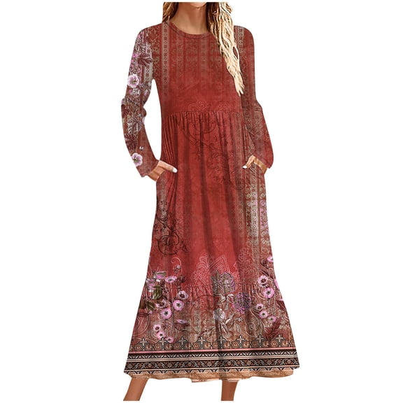 Fnooota Maxi Dresses for Women, Crew Neck Spring Fall Long Sleeve Casual Party Dress Red Size M