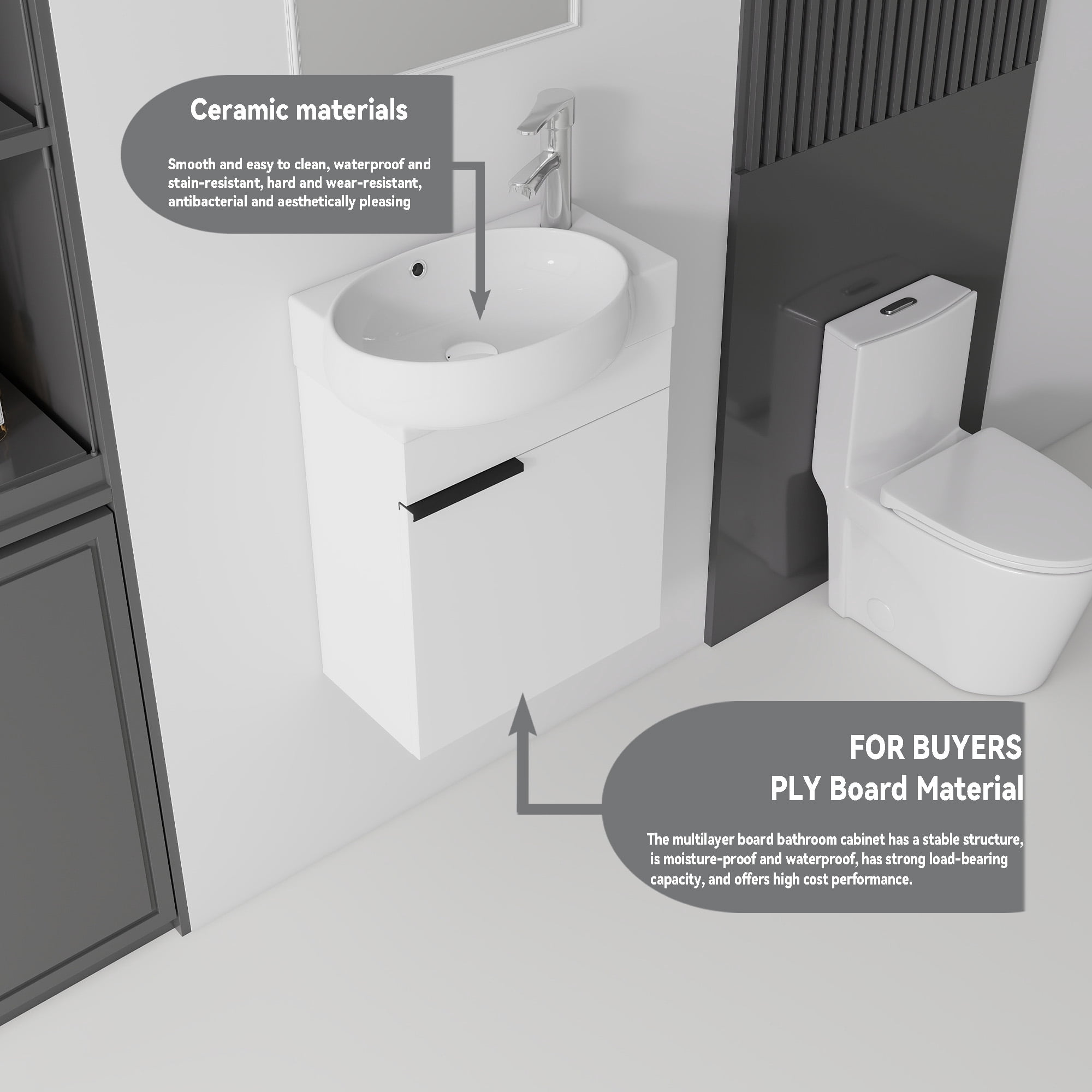 Leumius 16" Wall-Mount Bathroom Vanity Cabinet with with Ceramic Sink & Soft‑Close Doors for Small Space,Bathrooms,White