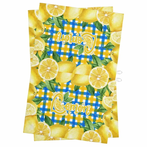 Yellow Lemon Kitchen Towels Set of 2, Water Absorbent Dish Towel, Summer Botanical Blue Yellow Buffalo Plaid Decorative Hand Towels - Quick Drying Cloth for Cooking Baking, 18x28 Inch