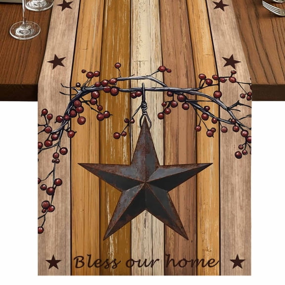 Texas Star Vintage 72 Inch Table Runner, Berry Yellow Brown Wooden Farmhouse Dresser Scarf Cotton & Linen Tablerunner for Dining/Kitchen Island/Holiday Party Décor 13" x 72"