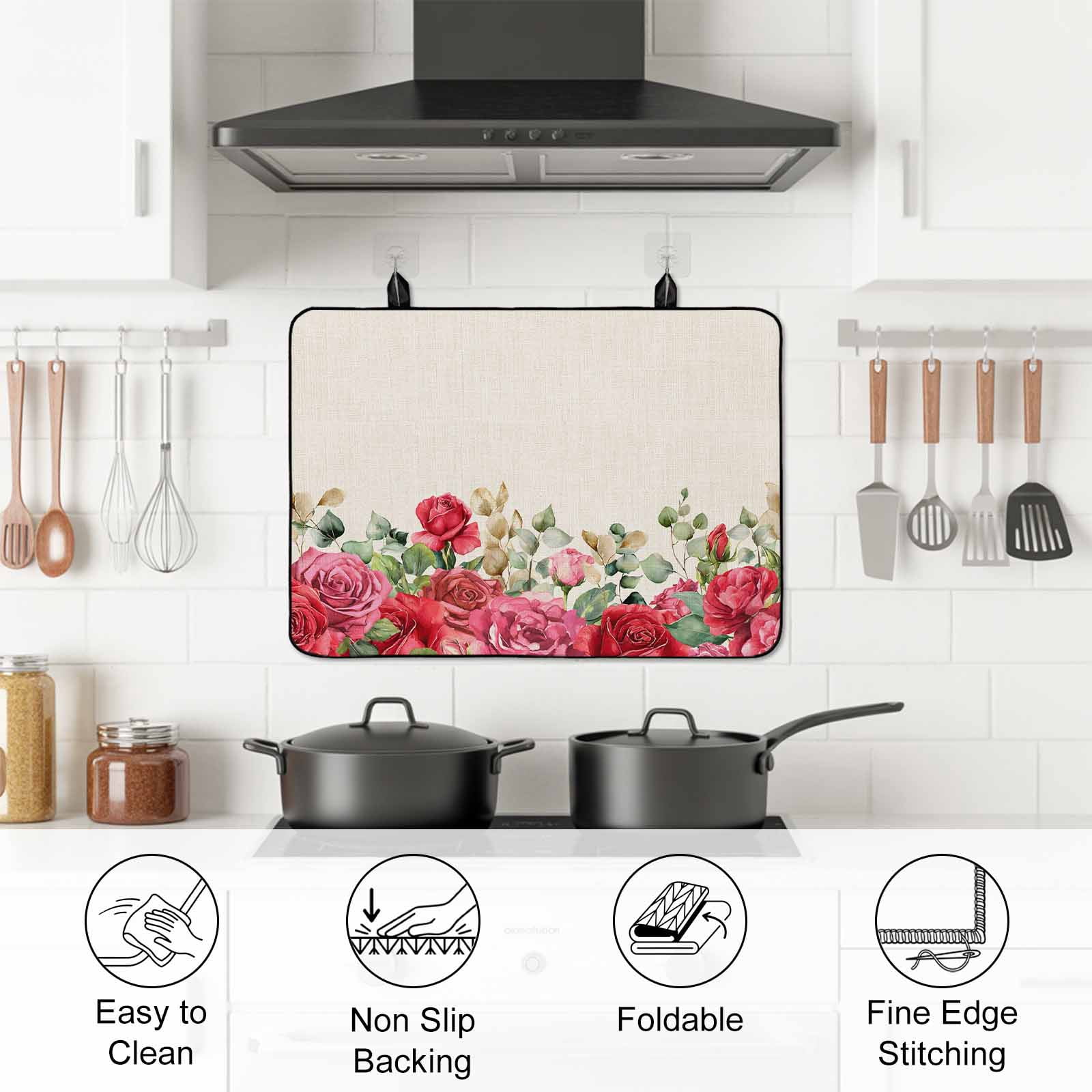 Roses Valentine's Day Stove Top Cover for Electric Stove, Heat-proof & Non Slip Glass Top Stove Cover Protector, Eucalyptus Leaves Floral Rustic Kitchen Flat Cooktop Rubber Mat 24x21 Inches