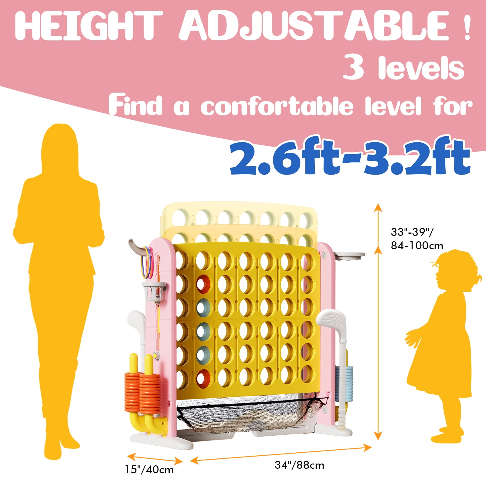 Wdmiya Jumbo 4-to-Score Giant Game Set, 4-in-a-Row Connect Game for Adults Kids Family Fun, Indoor Outdoor Adjustable Height Yard Family Game with w/ Golf Set, Basketball Hoop, Yellow Pink