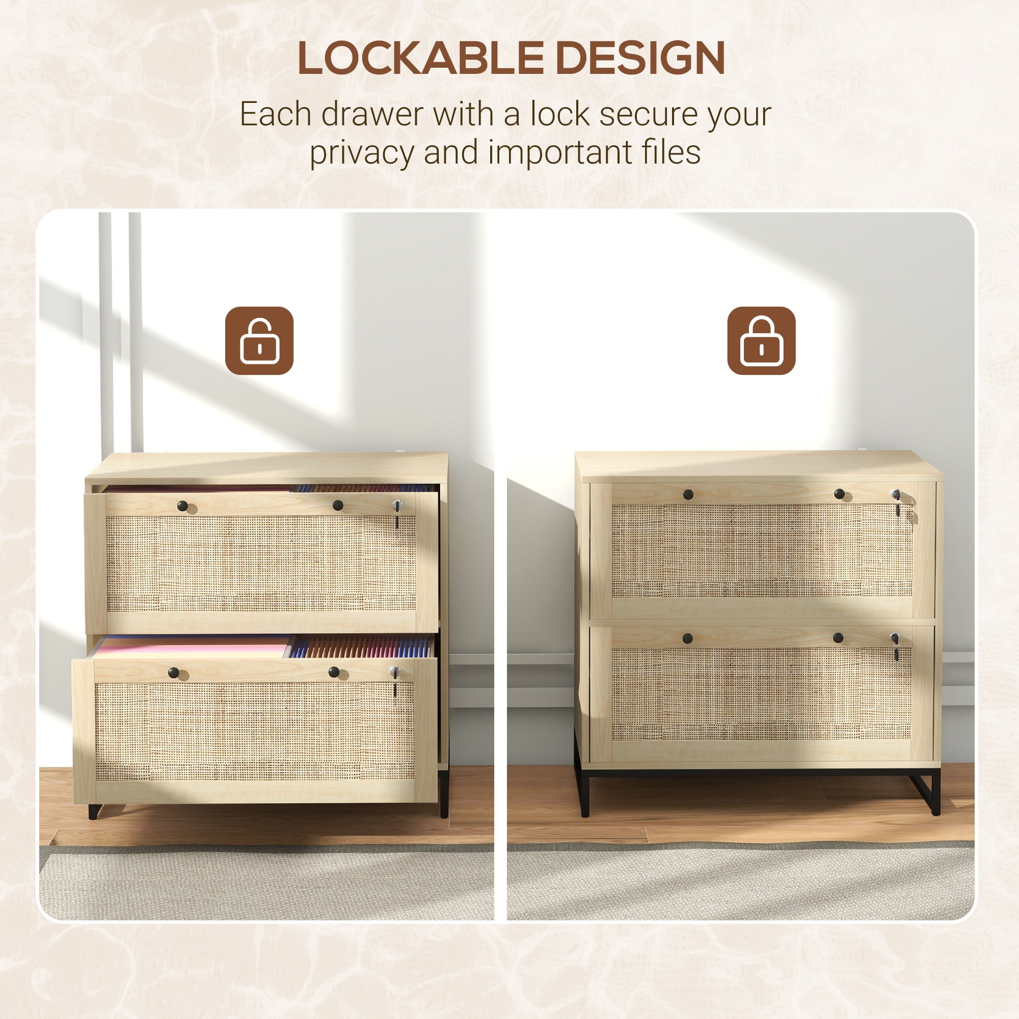 Vinsetto 2 Drawer File Cabinet with Lock, Vertical Filing Cabinet with Keys and Adjustable Hanging Bar for Letter, A4 and Legal Size, Natural