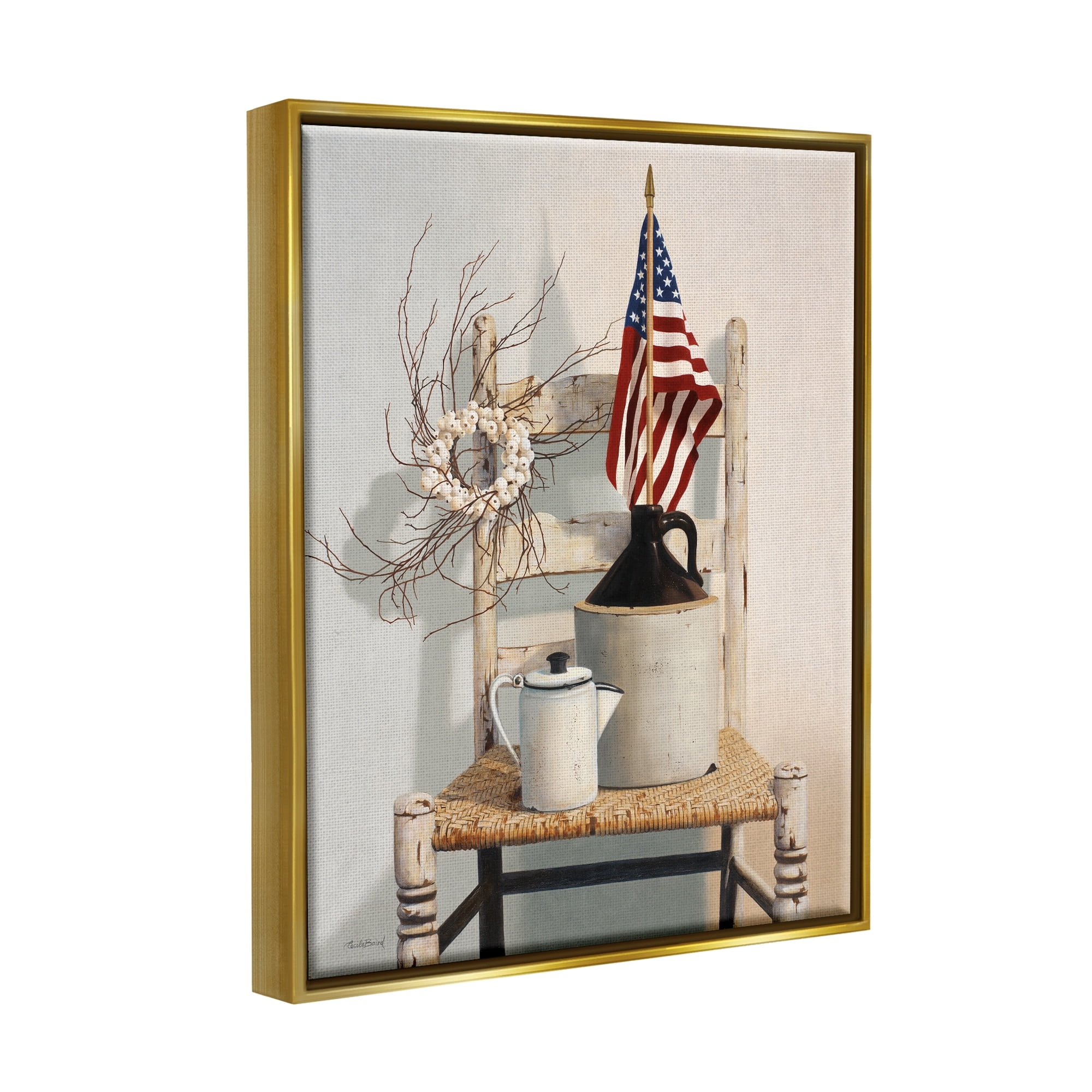 Stupell Industries Vintage Rustic Things American Flag Neutral Painting Metallic Gold Framed Floating Canvas Wall Art, 24x30, by Cecile Baird