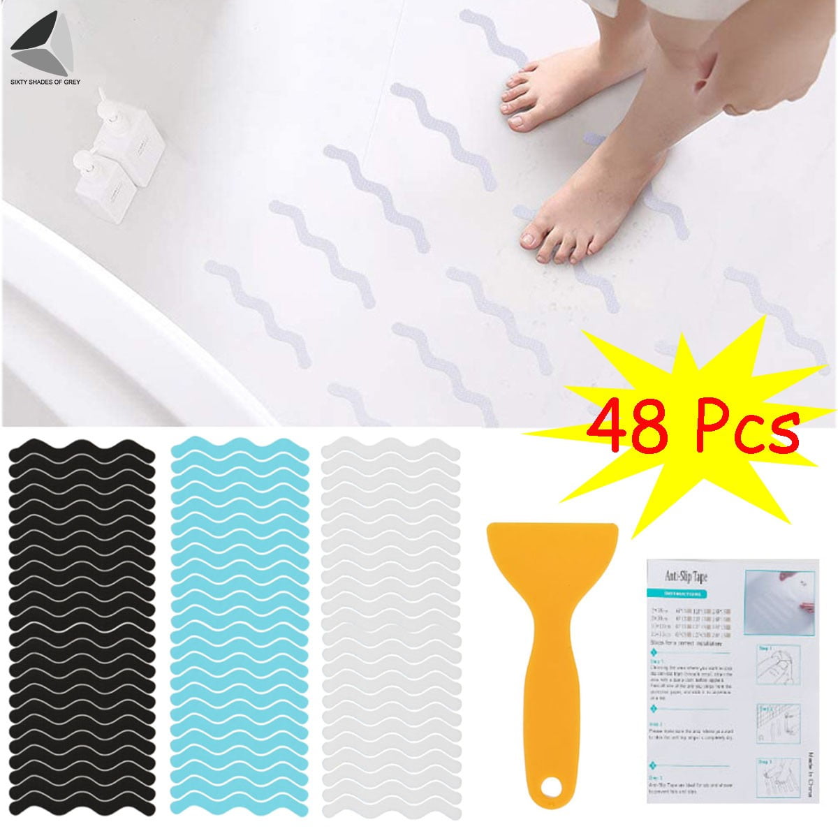 Sixtyshades 48 Pcs Bath Tub Shower Stickers Anti Slip Wavy Strips NonSlip Safety Floor Treads