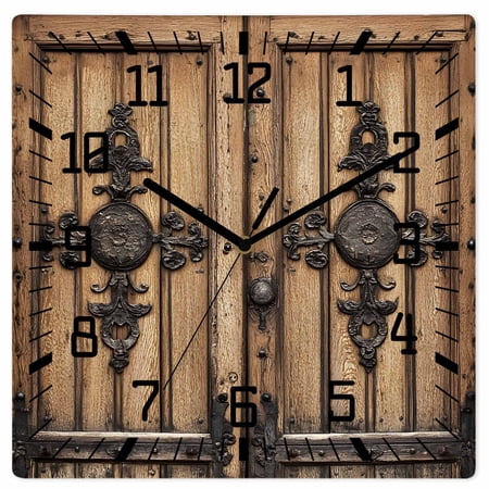 Farmhouse Brown Wooden Wall Clock Silent Non Ticking, Rustic Wooden Historical Barn Door Plank Square Wall Clocks Battery Operated, Decor Clock for Home Office, Living Room, Kitchen, 12 Inch