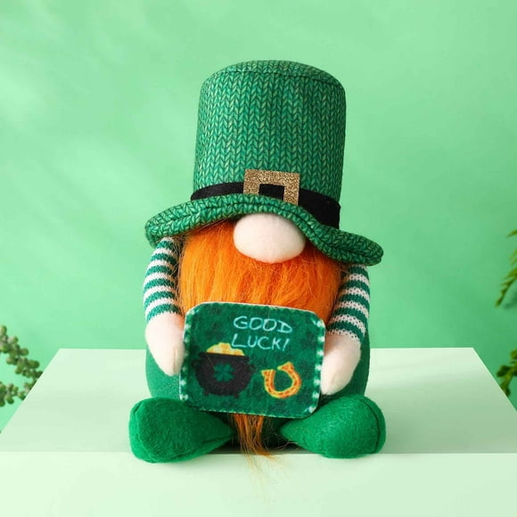 Riforla St. Patrick's Day Decorations Irish Festival Decor Doll Green Leaf Festival Doll Striped Holding Cornet Sitting Green Hat Festival Collectible Figurines Green