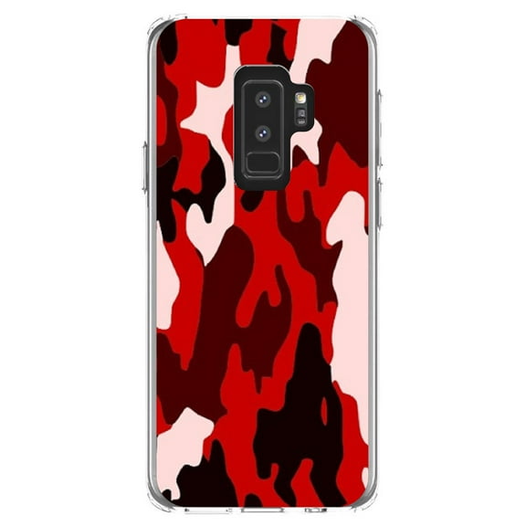 DistinctInk Clear Shockproof Hybrid Case for Samsung Galaxy S9  PLUS (6.2" Screen) - TPU Bumper, Acrylic Back, Tempered Glass Screen Protector - Red Black Camouflage - Camouflage Pattern