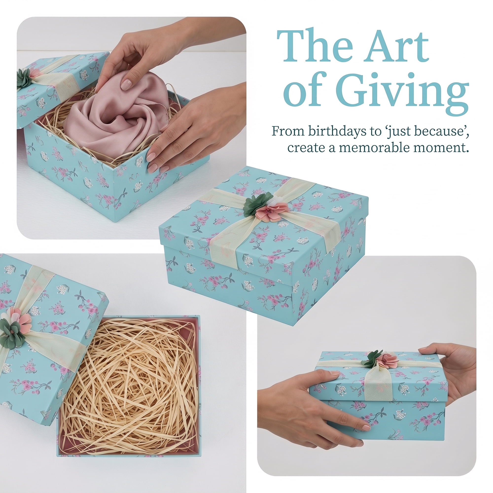 Unique Bargains Elegant Rigid Present Gift Box with Printed Ribbon Blue 7.5"x7.5"x3.1"