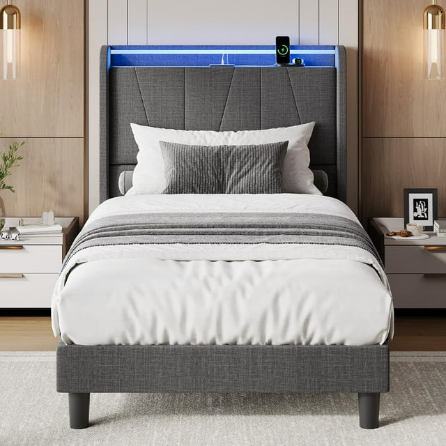 BeesClover Bed Frame with Charging Station and LED Lights, Modern Platform Bed with Wooden Slats, Upholstered Headboard, No Box Spring Needed, Easy Assembly