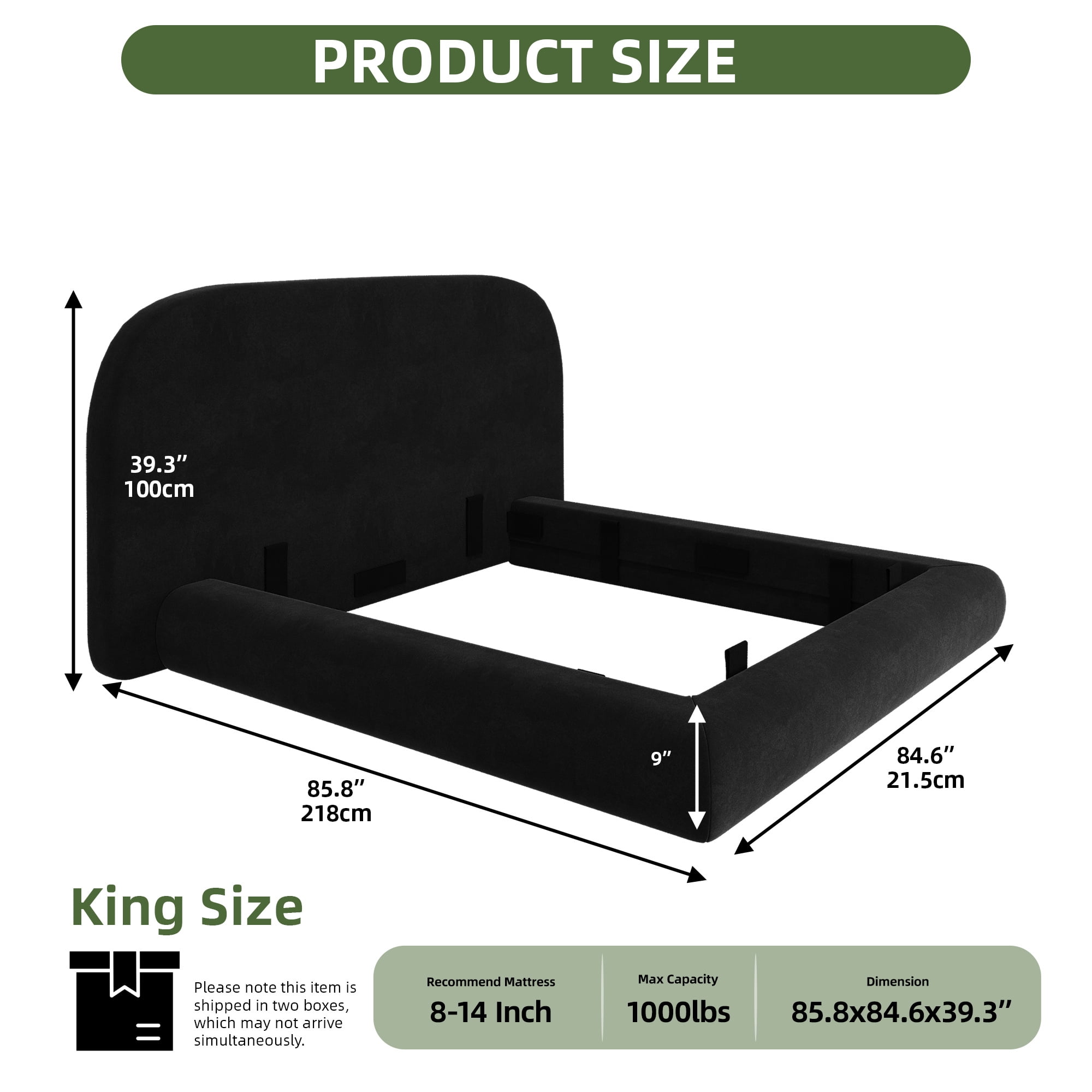 Uforic King Size Velvet Upholstered Platform Bed Frame, Modern Cloud Soft Bed with Rounded Corner Headboard & Footboard, Black