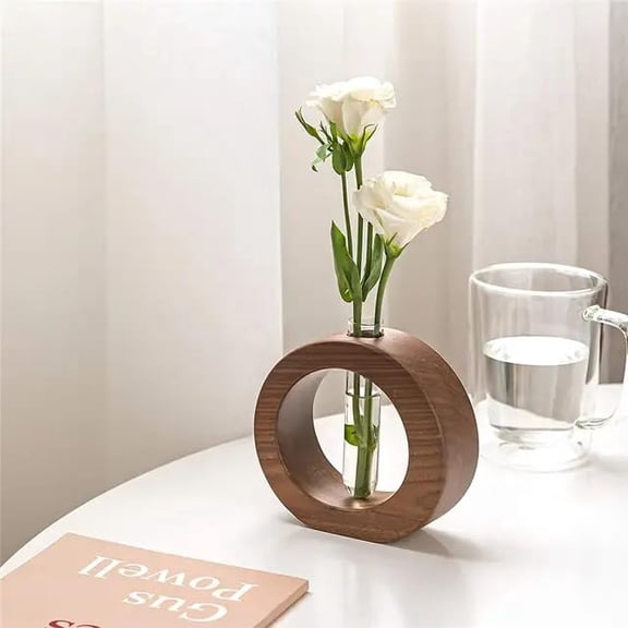 KAPSTORE 11 cm Modern Hydroponic Minimalist Tabletop Brown Wood Round Vases