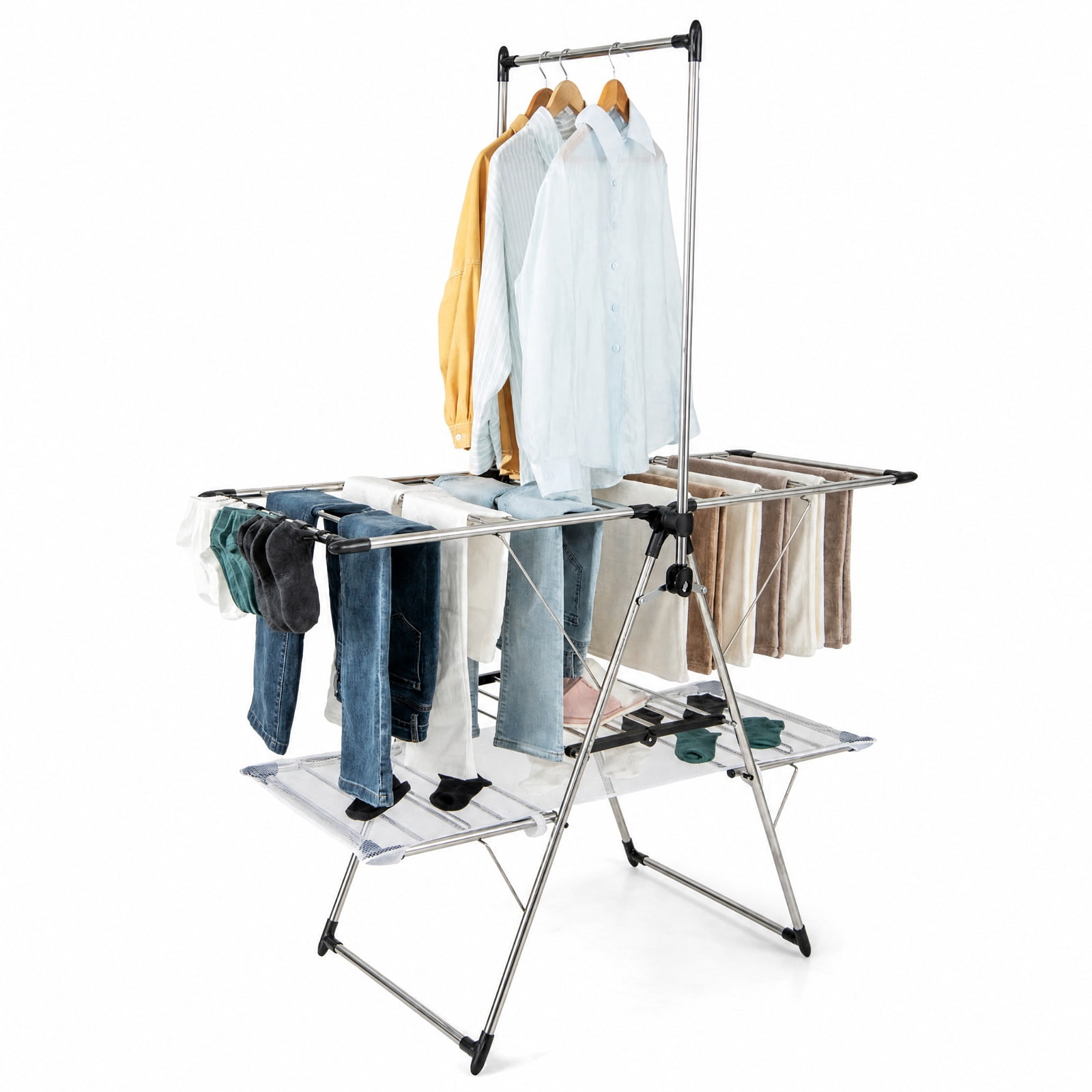 Vebreda Large Foldable Clothes Drying Rack with Tall Hanging Bar, Smart Drying Solution, Height Adjustable Gullwing, Superior Stainless Steel