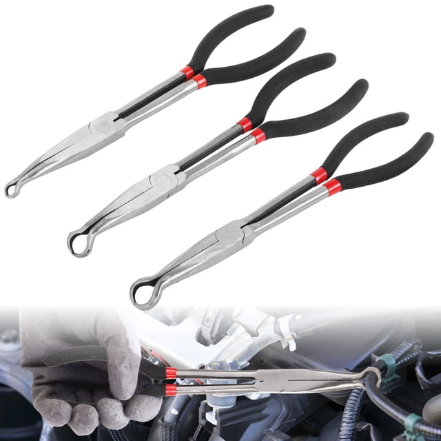 3 PCS Hose Gripper Pliers, 1/4-Inch 1/2-Inch 3/4-Inch Hose Removal Pliers, 11 Inches Long Reach O Shape Tip Serrated Jaw Pliers, Automotive Hose Removing Pliers, Offset Spark Plug Boot Repair Tool