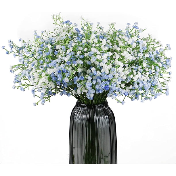 Paquete de 10 flores artificiales para aliento de bebé con tallo largo, mezcla de hojas de gypsophila falsas para el hogar, la oficina, decoración de bodas en interiores y exteriores (blanco + azul) JFHHH pequeña