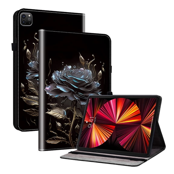 Dteck Flower Pattern Case for iPad Pro 11 inch 2024,PU Leather Card Slots Case Shockproof Stand Full Body Protection Cover for iPad Pro 11-in. (M4) 2024,Black Flower