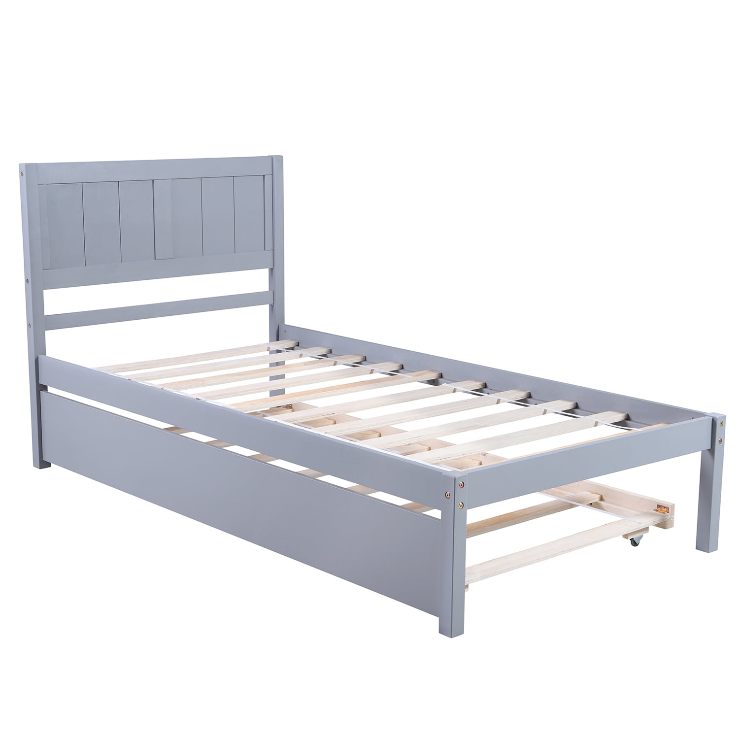 Kepooman Twin Size Solid Wood Platform Bed with Trundle & Headboard for Bedroom, 79.5"L x 41.7"W x 40.6"H, Gray Kepooman Twin Size Solid Wood Platform Bed with Trundle & Headboard for Bedroom, 79.5"L x 41.7"W x 40.6"H, Gray