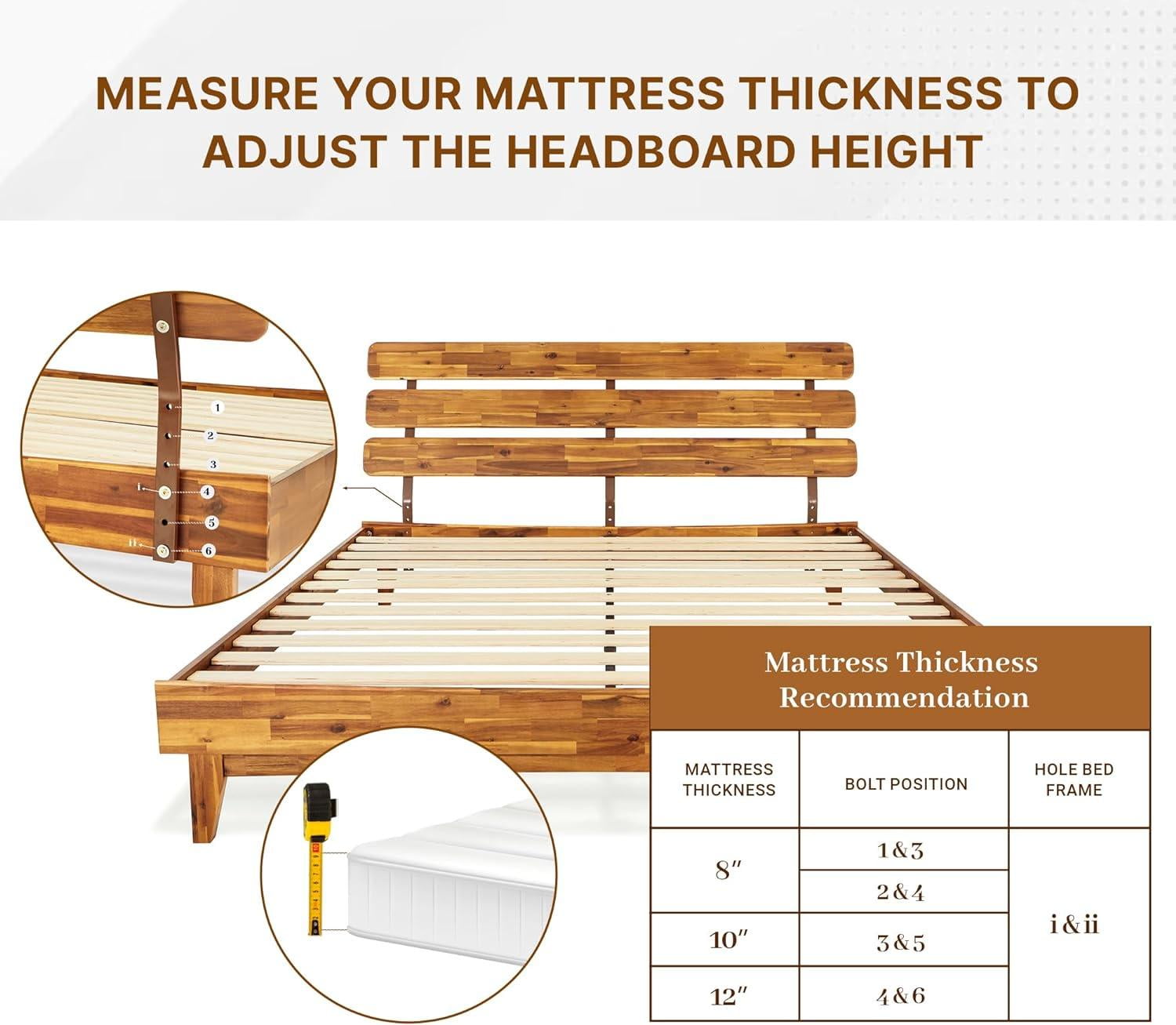 Dalen 45" King Bed Frame, Adjustable Headboard, Mid-Century, Solid Wood, Caramel