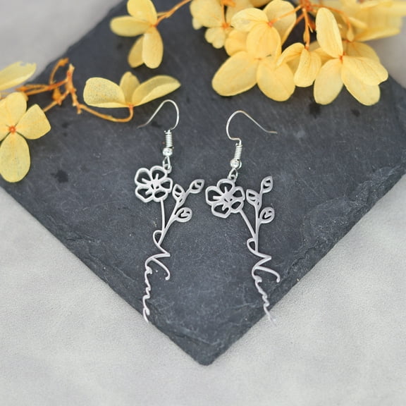 Personalized Customized Name Drop Earrings Birth Flowers Stainless Steel Custom Letter Piercing Ear Jewelry Birthday Gift