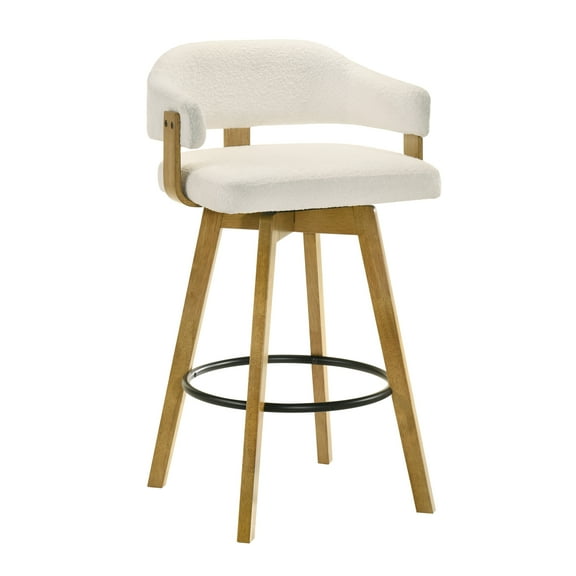 Callah Contemporary Natural Wood Bar Height Kitchen Bar Stool in Amber Glow Finish with White Boucle Fabric Upholstered Seat