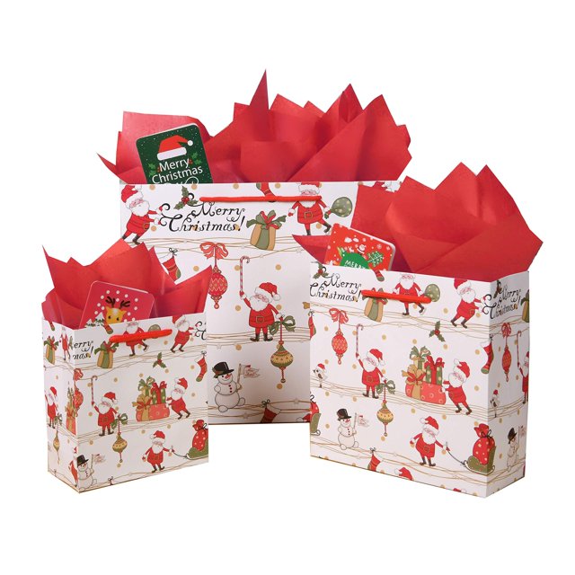 Bolsas de regalo SHIPKEY, paquete de 12 unidades, Papá Noel con papel de seda