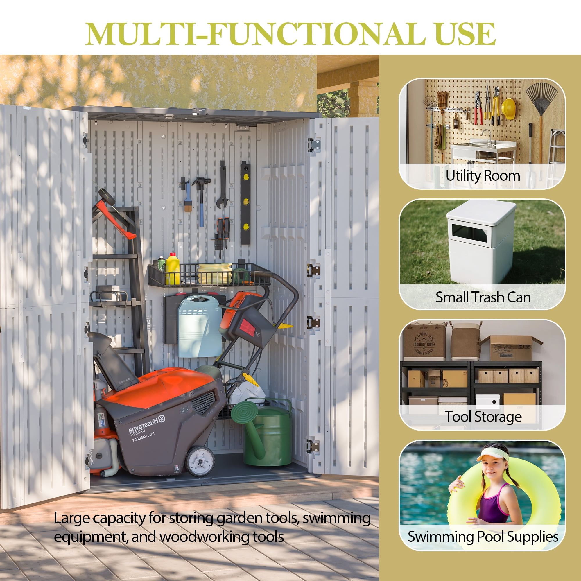 LZBEITEM 61 Cu ft Outdoor Horizontal Storage Sheds, Weather Resistant Resin Tool Shed, Multi-Opening Door, Storage of Garden Tools, pool accessories, Waterproof, Lockable, 52.36"L x 29.7"W x 74.25"H