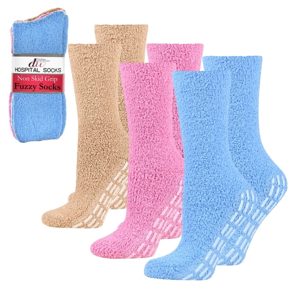Anti-Skid Hospital Socks Fuzzy Sleeping Socks Grip Socks For Women Men 3 Pairs Blue/Pink/Beige