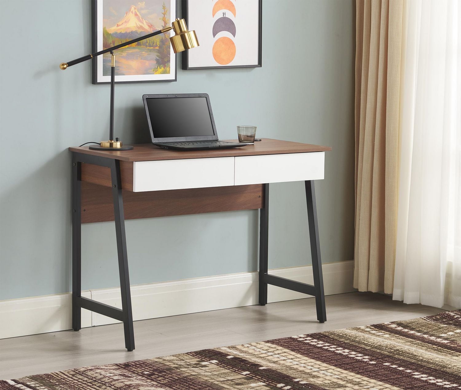 Mainstays 2 Drawers Computer Desk with USB Charger for Teen Adult, 39.4' Study Writing Table, Walnut Canyon Finish., Mainstays 2 Drawers Computer Desk with USB Charger