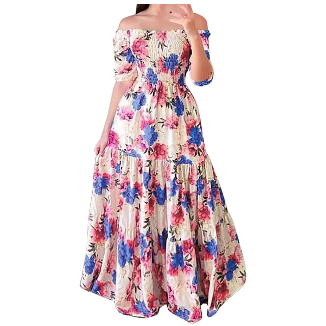 Vestido a media pierna informal con estampado floral bohemio de verano para mujer, vestido de fiesta en la playa con hombros descubiertos y hombros descubiertos Fridja bnh6826