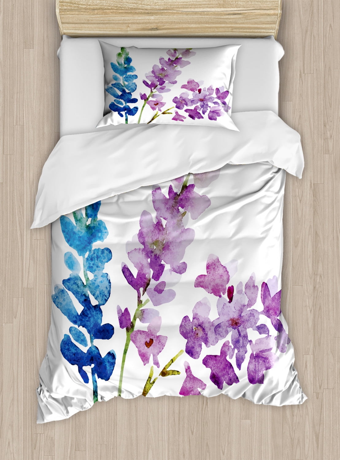 Floral Duvet Cover Set, Branches of Watercolor Flowers in Spring Color