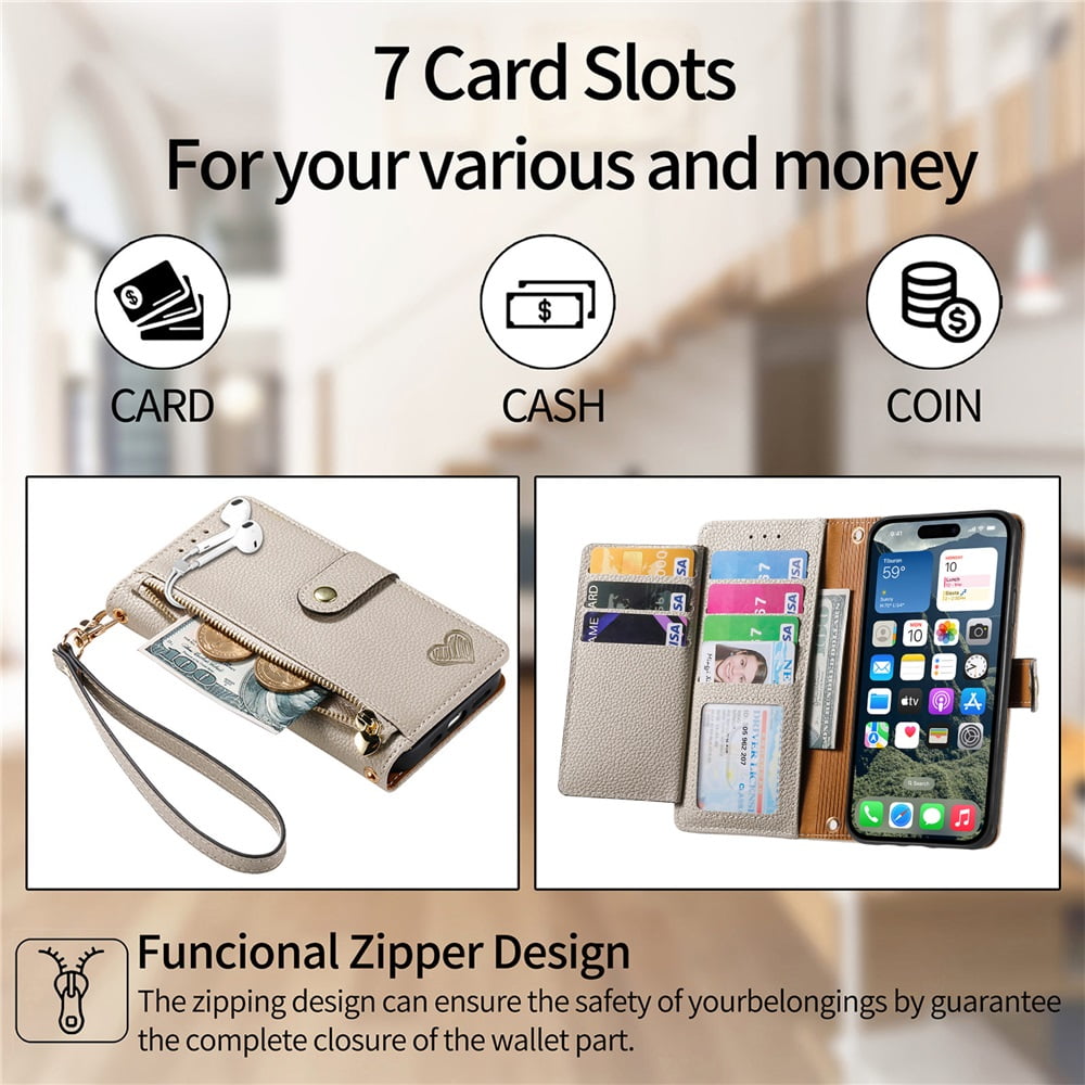 For iPhone 17 Pro Max Leather Phone Case Wallet Zipper Pocket Pouch Folio Flip Cover Kickstand, Multi Anti-theft Card Holder Cash Slot, Double Magnetic Buckle, Wrist Lanyard,Gray