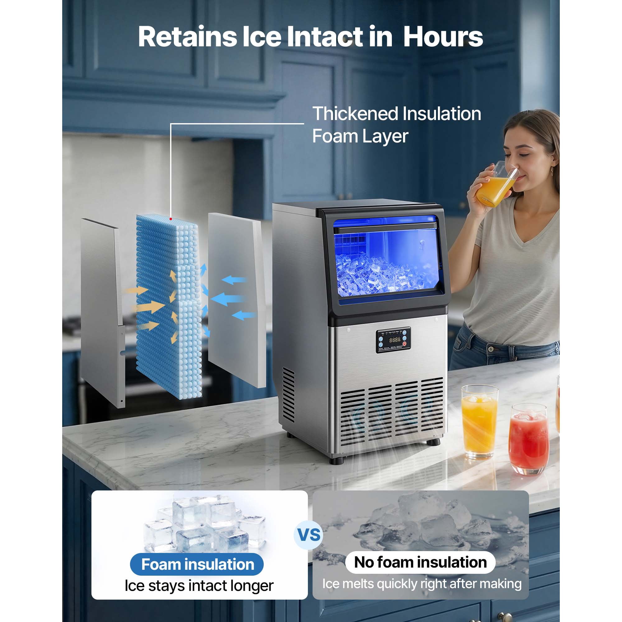 KFFKFF Commercial Ice Maker Machine, 80 lbs/24h Output with 13 lbs Storage, Countertop/Freestanding/Under Counter Design, Stainless Steel Ice Maker with LED Display & Self-Cleaning Function