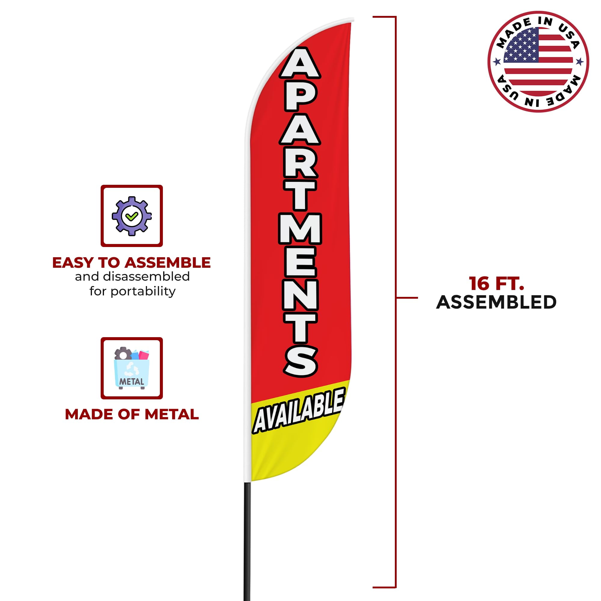 Apartments Sign feather flag for Outdoor by Mavis Printing | 11.5 FEET Long Polyester Outdoor Banner Flag for Easy Hang | HD Print Swooper Flag Only to Advertise Real Estate Business| Made in USA