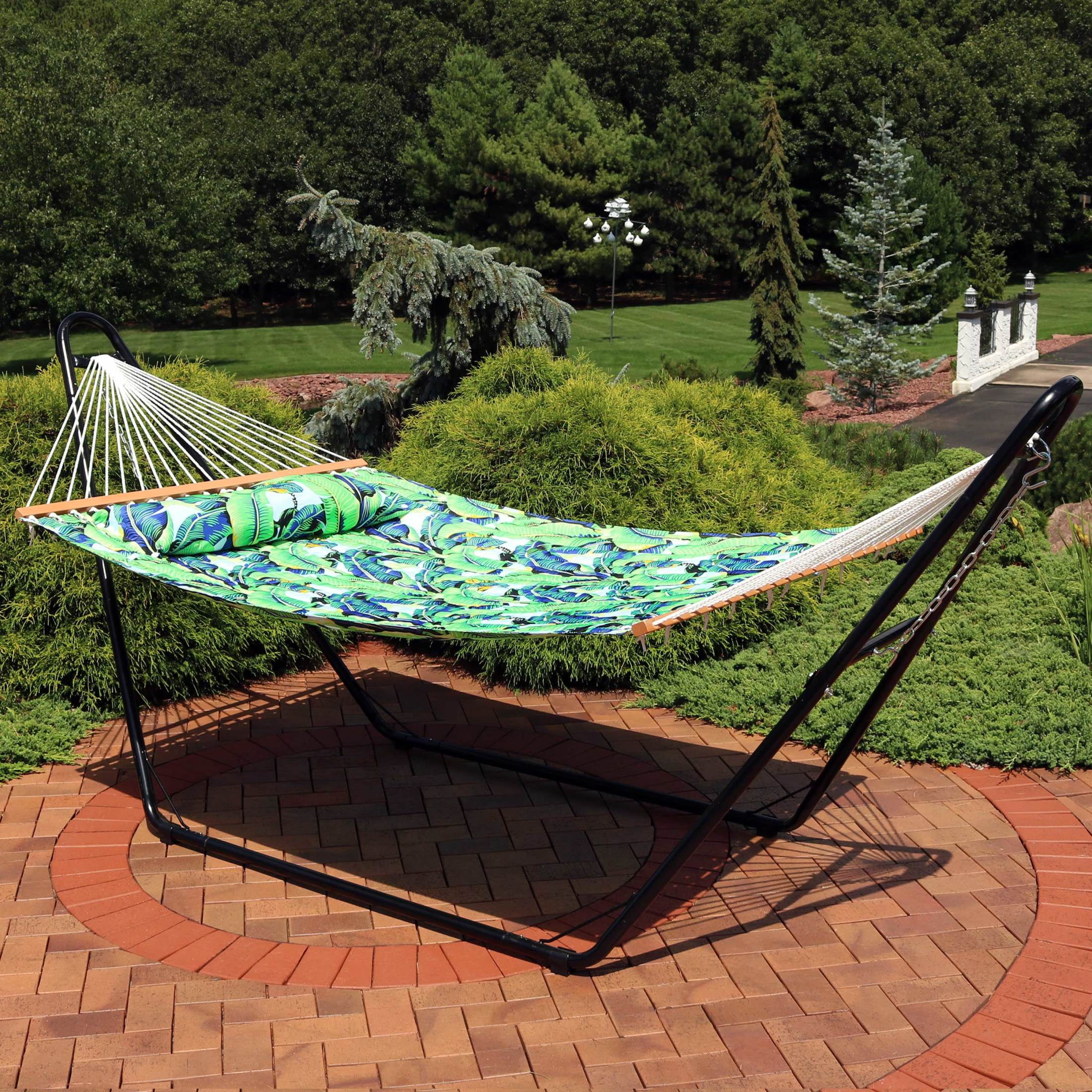 Sunnydaze 2-Person Quilted Polyester Spreader Bar Hammock, 450 lb - Exotic Foliage