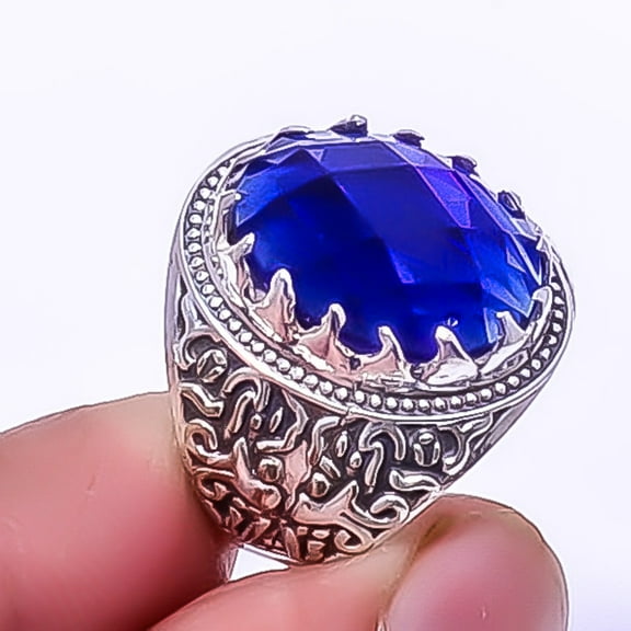 Blue Sapphire (Simulated) 925 Sterling Silver Turkish Ring s.8 R7650-31