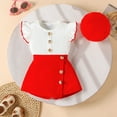 thumbnail image 2 of CAICJ98 Baby Toddler Girl Outfits Summer Clothes Crew Neck Knitted Cotton Ruffle Sleeves Button Tops+Mini Skirts+Beret 3Pcs Set (Red,12-18 Months), 2 of 7