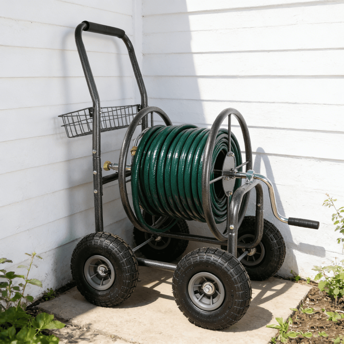 Garden Hose Reel Cart - 4 Wheels Portable Garden Hose Reel Cart with Storage Basket Rust Resistant Heavy Duty Water Hose Holder