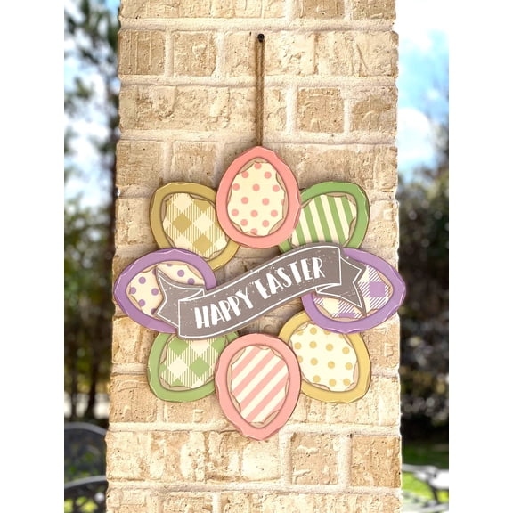 Wreath Spring Easter Egg Decor / Happy Easter Sign / Wall Room Door Pastel Colorful Wooden Hanging Ornament 15" D