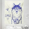 thumbnail image 1 of Alaskan Malamute Tapestry, Cartoon Style Smart Puppy with Glasses Photo Camera and Bee Smile Doodle, Fabric Wall Hanging Decor for Bedroom Living Room Dorm, 5 Sizes, Blue White, by Ambesonne, 1 of 1