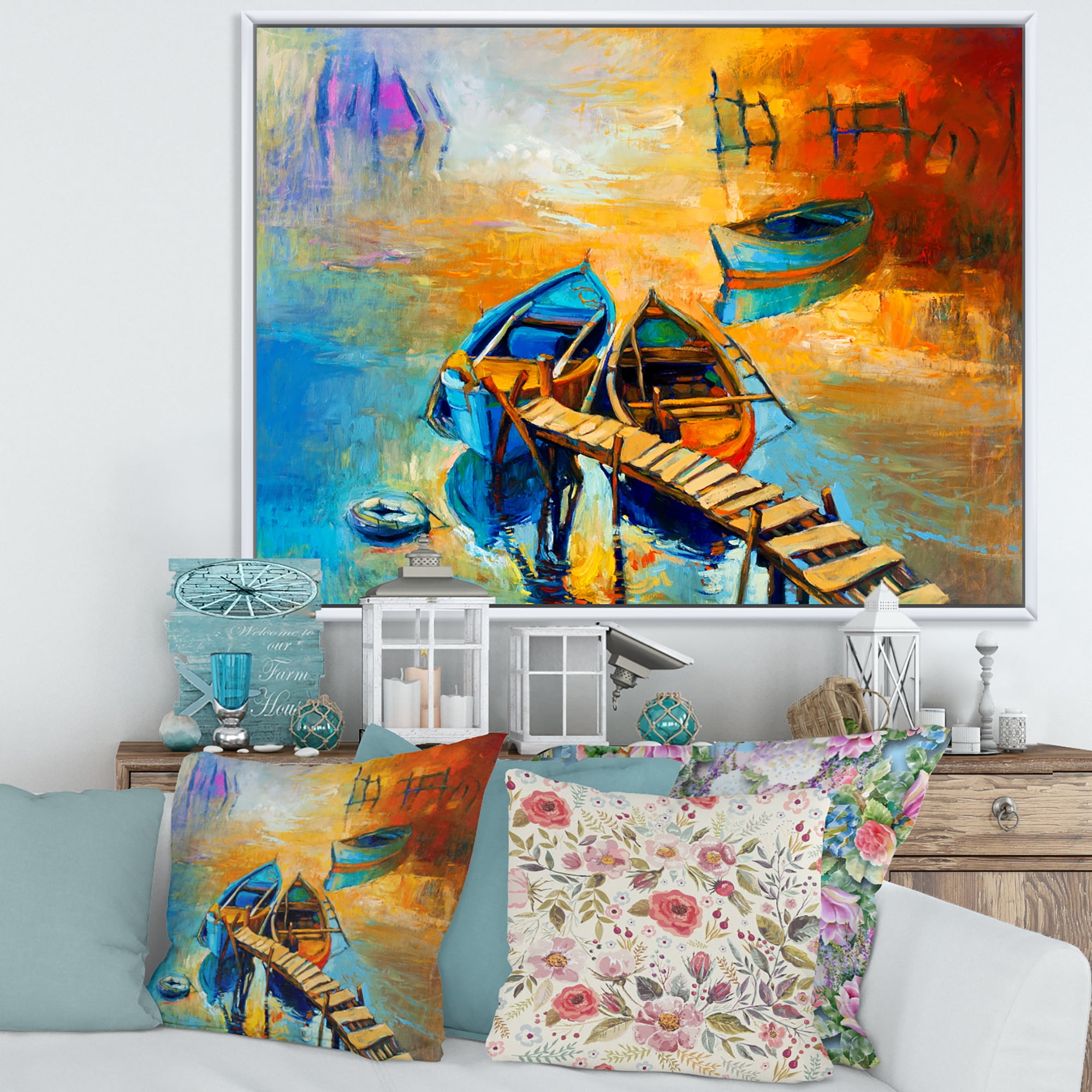 Designart 'Boat At The Lake During Evening Glow V' Nautical & Coastal Framed Canvas Wall Art Print