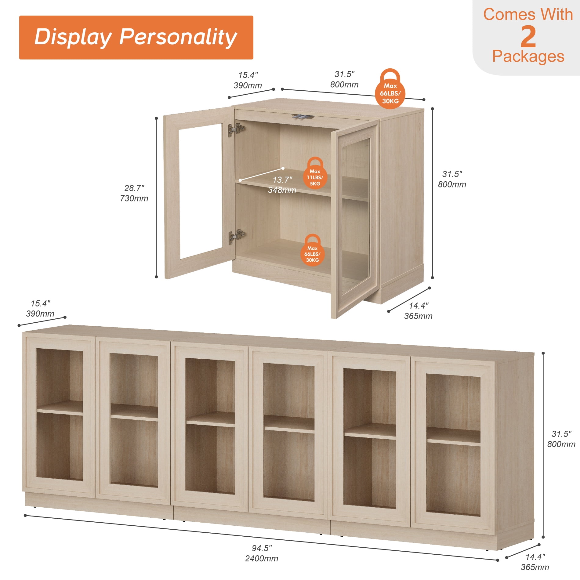 94.5" Modern Sideboard Buffet Cabinet with 6 Glass Doors, Multifunctional Sideboard with Large Storage and Adjustable Shelf, Beige