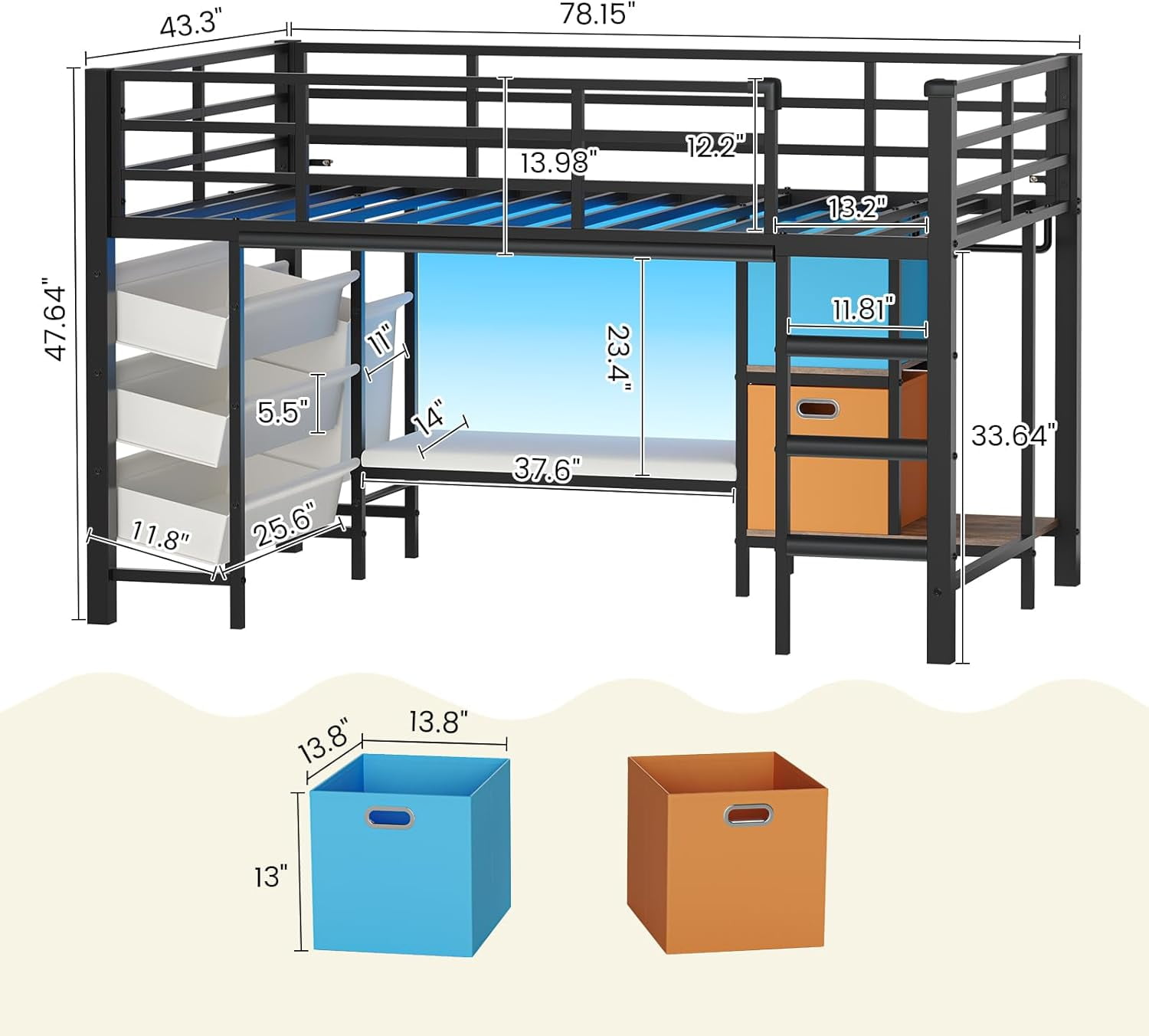 Mabor Twin Size Loft Bed with LED Lights & Reading Bench, Metal Loft Bed Frame with Bookshelf & Storage Basket & Stairs & Full-Length Guardrail for Bedroom, Black