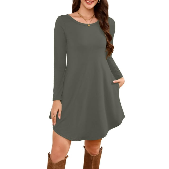 Robe T-Shirt à Poche, Robe Midi Ample à Manches Longues à Col Rond, Robe Facile pour Tous les Jours pour Femmes, Maternité, Voyage et Tenue de Fin de Semaine Gris Foncé S