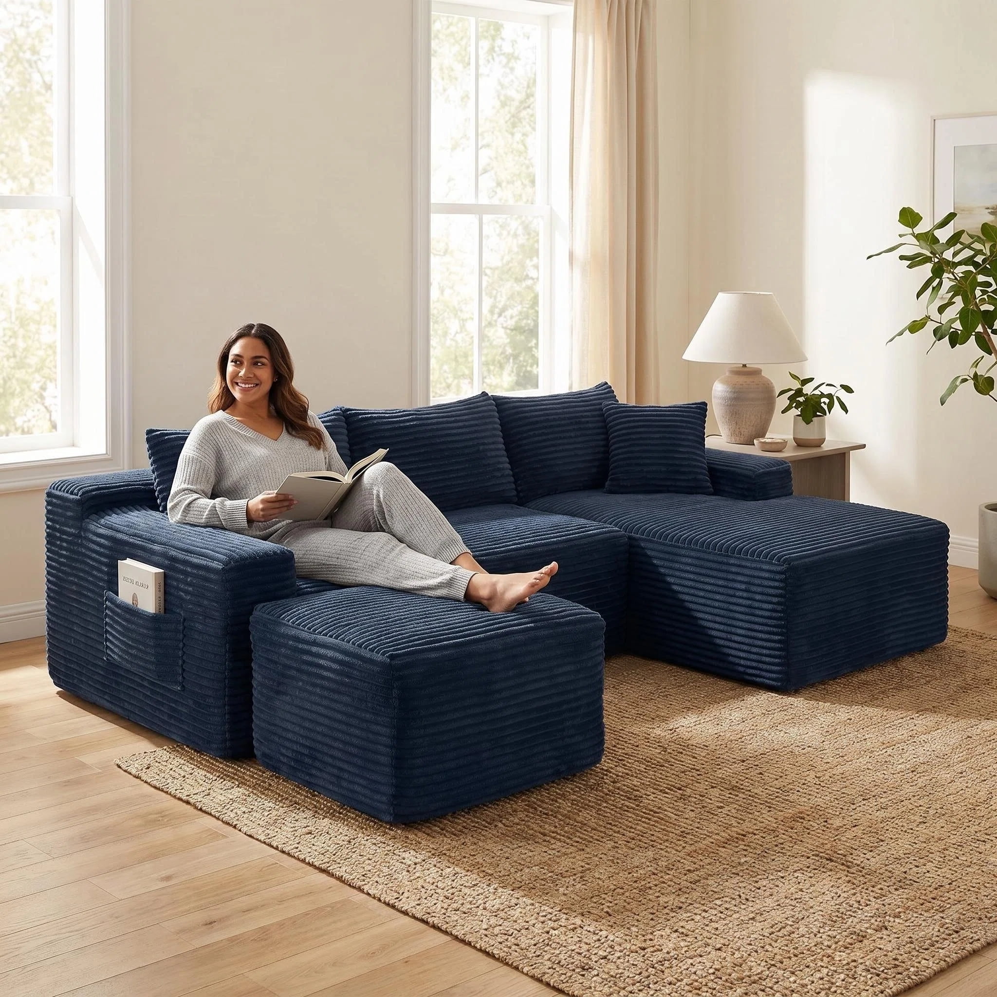 MOONMISS Small Modular Sectional Sofa with Movable Chaise and Ottoman,U-Shaped Boneless Cloud Couch for Living Room Apartment,Blue(Right Facing Chaise)