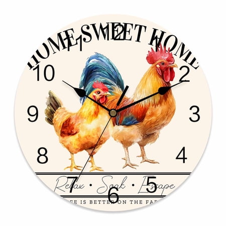 Wall Clock 14 inch Farmhouse Rooster Chicken Battery Operated Clocks Silent Non-Ticking Wallclock Watercolor Retro Style Round Decorative Wall Clocks for Home Office School