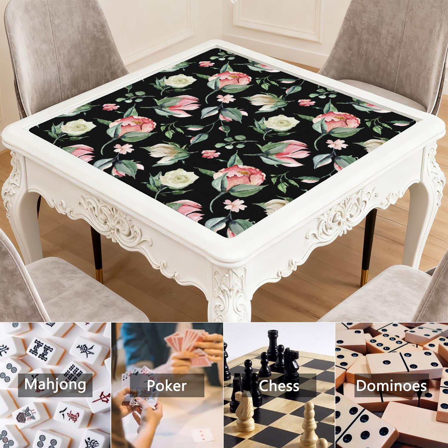 Decorative Floral Rubber Mat for Mahjong Tables 31.5 Inch Square Large Gaming Pad Anti-Slip Feature Quiet Play for Tiles & Game Nights