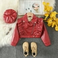 thumbnail image 2 of Adeawade Toddler Tops For Girl 3-4 Years Short Sleeve Leather Motorcycle Jacket Ruffle Spring Fall Pu Coat And Hat Round Neck Blouse Light Weight Playsuit Red, 2 of 7
