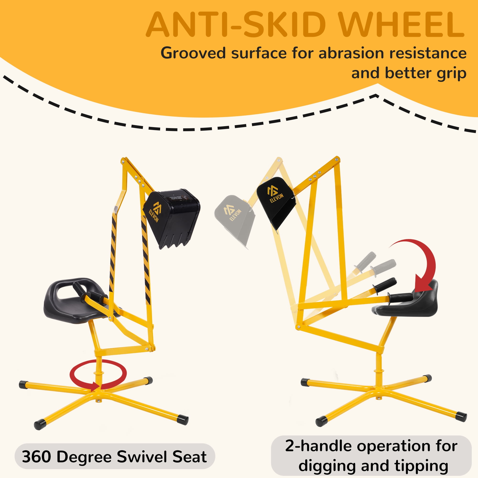 FlexWave Kids Ride-On Sandbox Digger Toy，Stationary Excavator，with 360° Rotation & Metal Base, for Outdoor Sand, Dirt & Snow Play，Yellow
