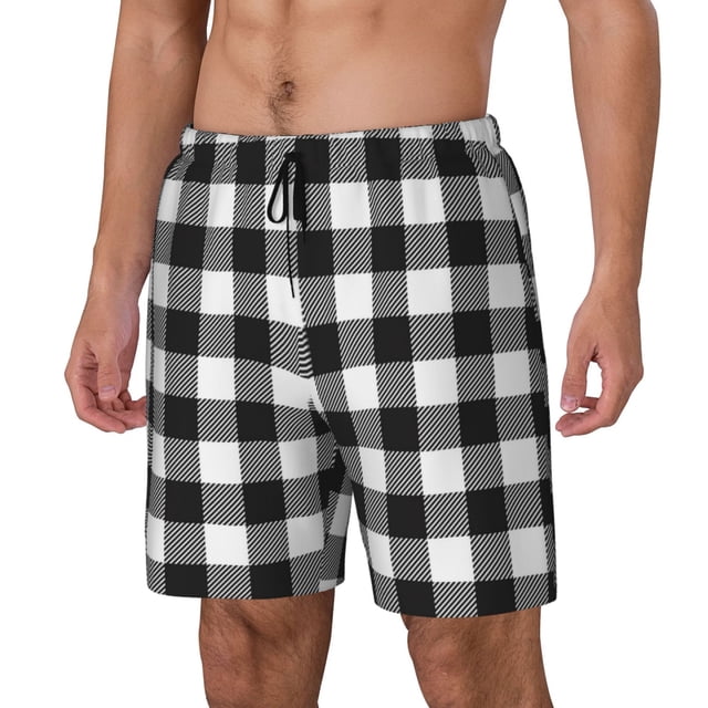 Balery Black White Plaid Bañador para hombre, shorts de playa de secado rápido con entrepierna y forro de compresión-XX-Large
